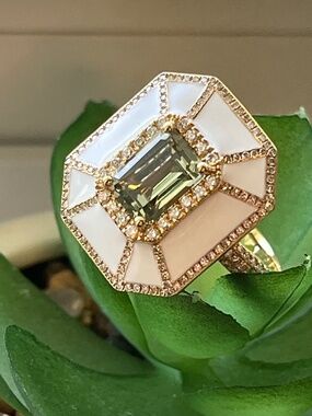 Anne Sisteron 18K Gold Green Amethyst Diamond White Enamel  Deco Cocktail Ring 8